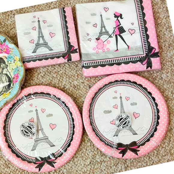 Paris Birthday Party tablewear 36 Napkins 16 Paper Plates Set Pink Eiffel Tower - Picture 1 of 7